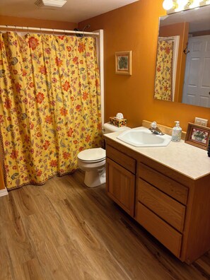 Une salle de bain avec un rideau de douche à motifs floraux, des toilettes, un lavabo avec un miroir et des meubles en bois.