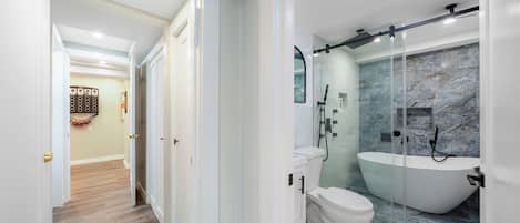 Hair dryer, towels, soap, shampoo