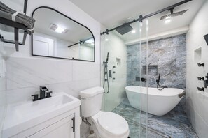 Hair dryer, towels, soap, shampoo