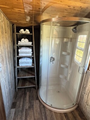 Shower, hair dryer, towels, soap