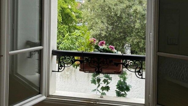 Une fenêtre ouverte donnant sur un paysage verdoyant et un balcon agrémenté d’un jardon à fleurs.