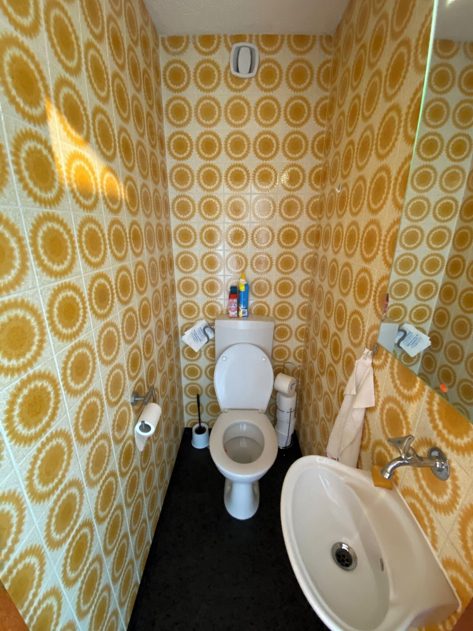 A bathroom with a toilet, sink, and patterned walls.