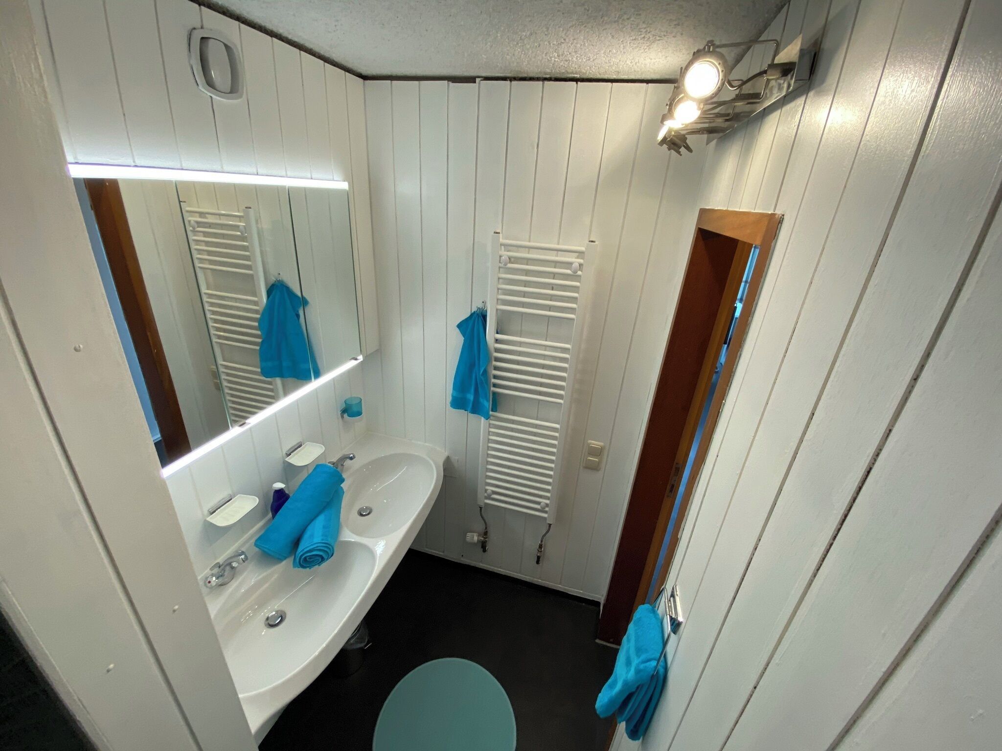Une petite salle de bain aux dimensions réduites, avec un lavabo blanc, un miroir et un porte-serviettes.