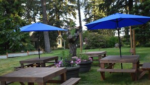 An outdoor patio area with wooden picnic tables and blue umbrellas. - Updated farmhouse on 5 acres near salem oregon (Jefferson)