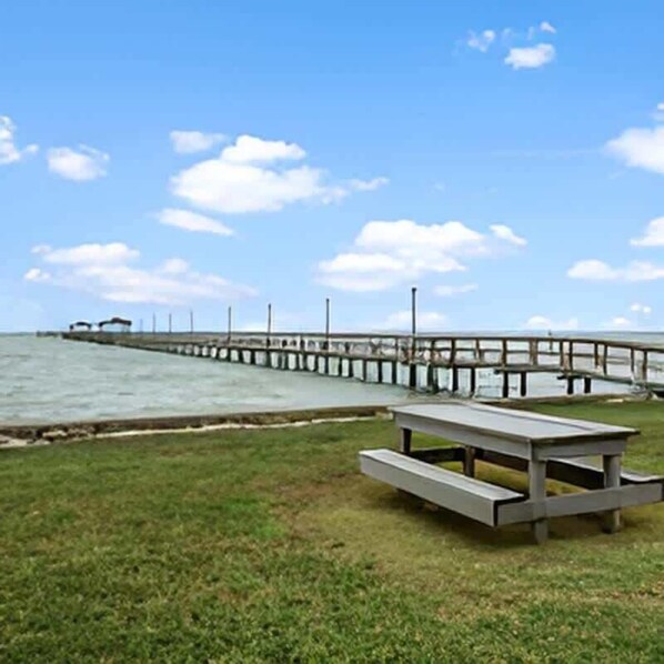 A grassy area with a picnic table and a wooden pier extending into the water.