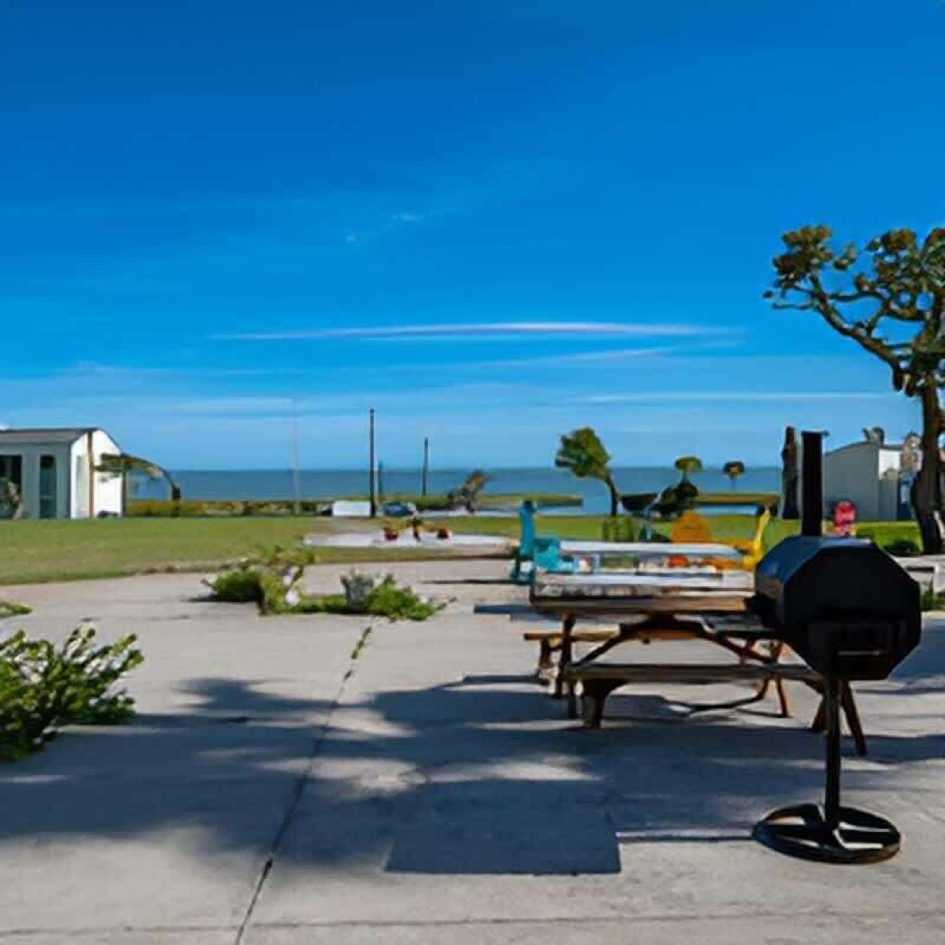 Eine Terrasse mit Grill, Picknicktisch und Blick auf den Ozean.