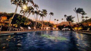 A swimming pool with lounge chairs and palm trees.