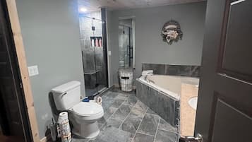 Shower, jetted tub, hair dryer, towels