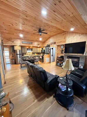 Smart TV, fireplace, books