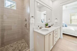 Shower, hair dryer, shampoo
