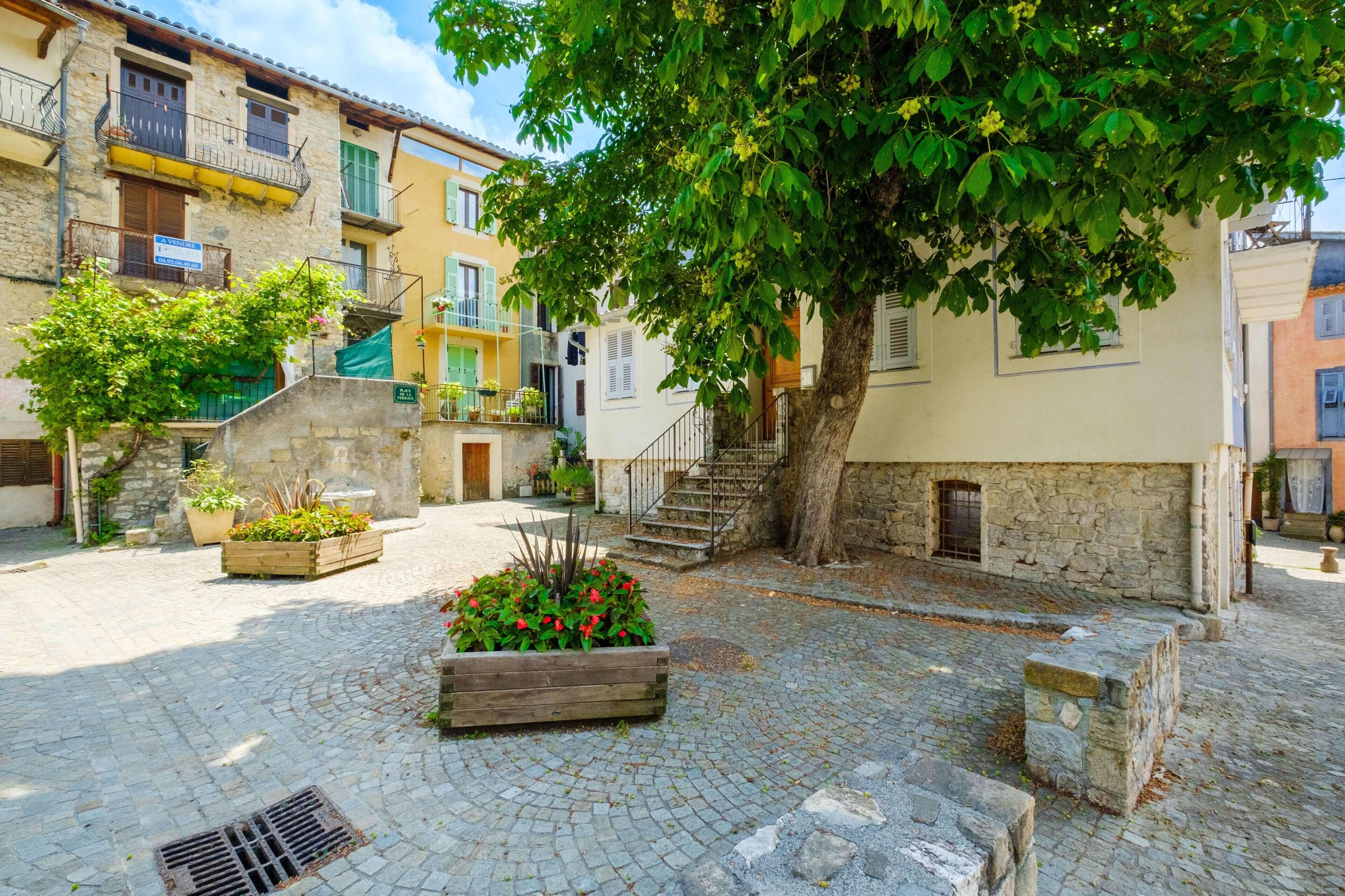 Une cour pavée avec un arbre, des marches en pierre et des bâtiments dotés de balcons et de volets.