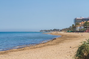 A beach with a clear sky, a sandy shore, and a building with multiple balconies.