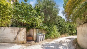 Un sentier étroit et non pavé mène à un bâtiment doté d’un mur en béton et d’une porte en métal, le tout étant entouré d’une végétation dense et d’arbres.