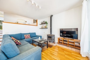 Un salon avec un canapé, un téléviseur, une cheminée et un plancher en bois.