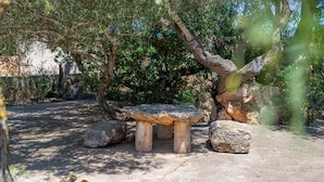 Un banco de piedra bajo un árbol rodeado de rocas.
