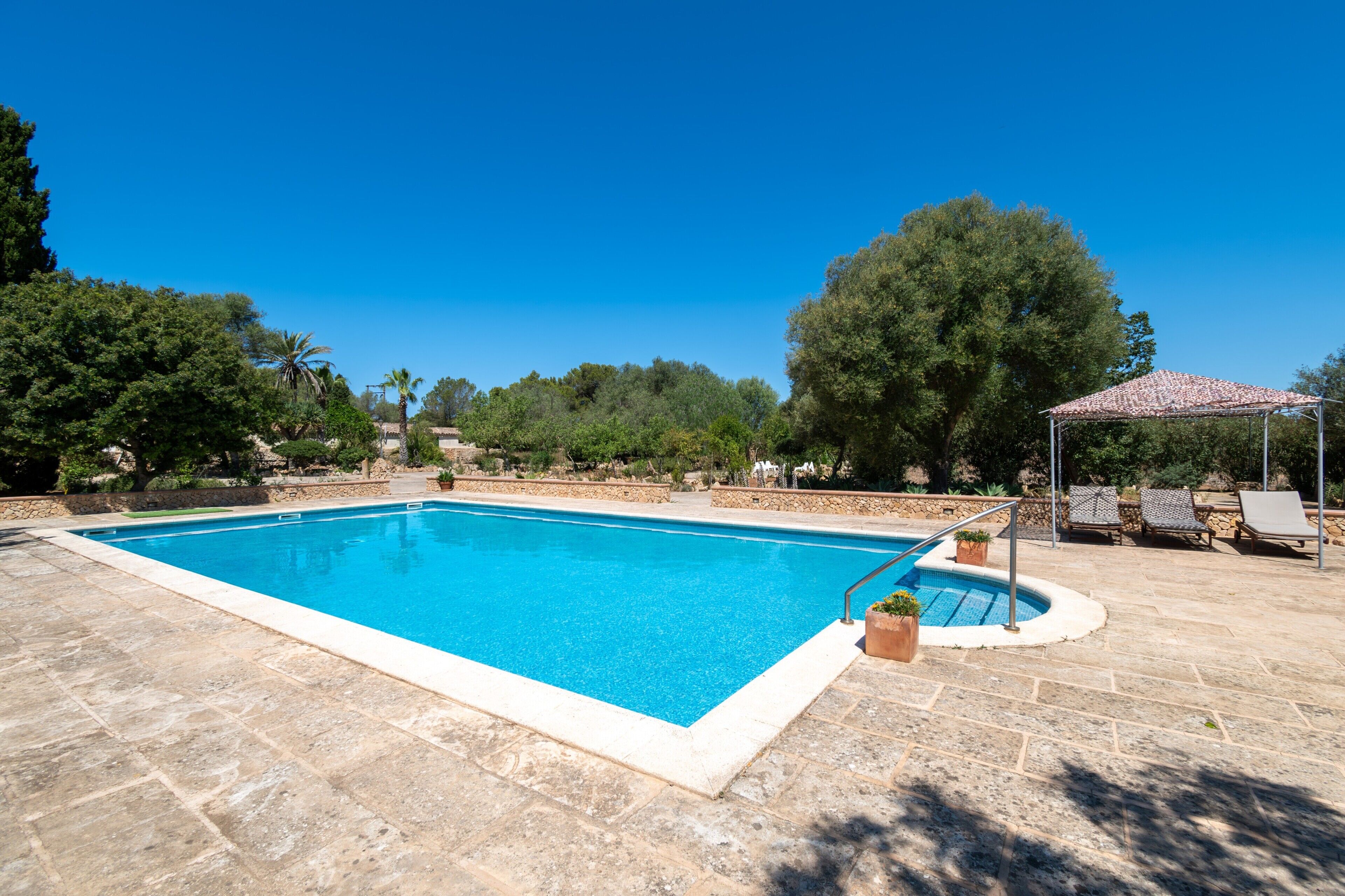 Ein rechteckiger Pool mit gefliestem Sonnendeck, umgeben von Bäumen und einer Pergola mit Stühlen.