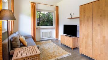 A living room with a sofa, a TV, wooden furniture, a window with curtains, and a radiator.