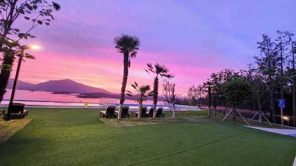 A sunset view with a pool, palm trees, and lounge chairs.