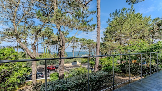 Un balcon donnant sur un parking, des arbres et une étendue d’eau.