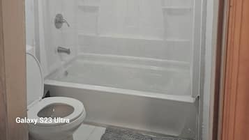 Hair dryer, towels, soap, toilet paper