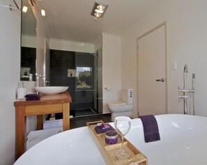 Suite estudio de lujo, cocina básica, vistas a la montaña | Baño | Secador de pelo, toallas, jabón y champú