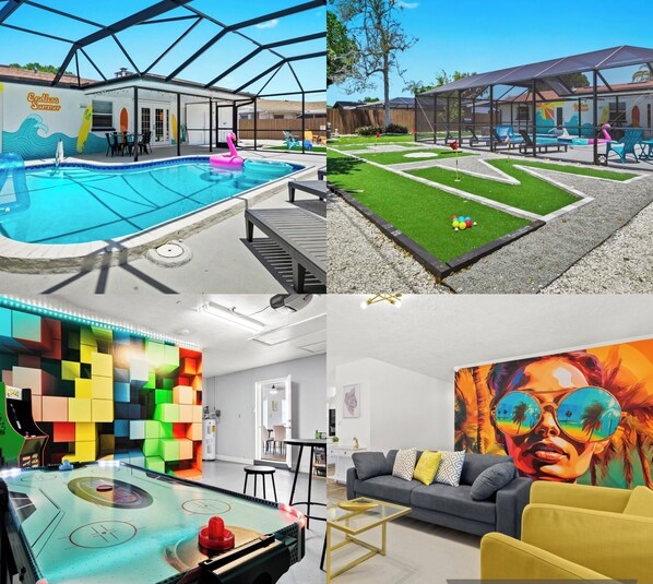 A pool area with a flamingo decoration, a covered seating area, and a colorful mural.
