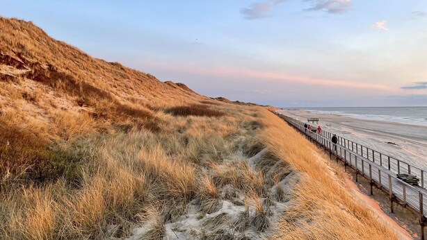 Un paisaje costero con una playa arenosa, dunas cubiertas de hierba y un paseo marítimo de madera.