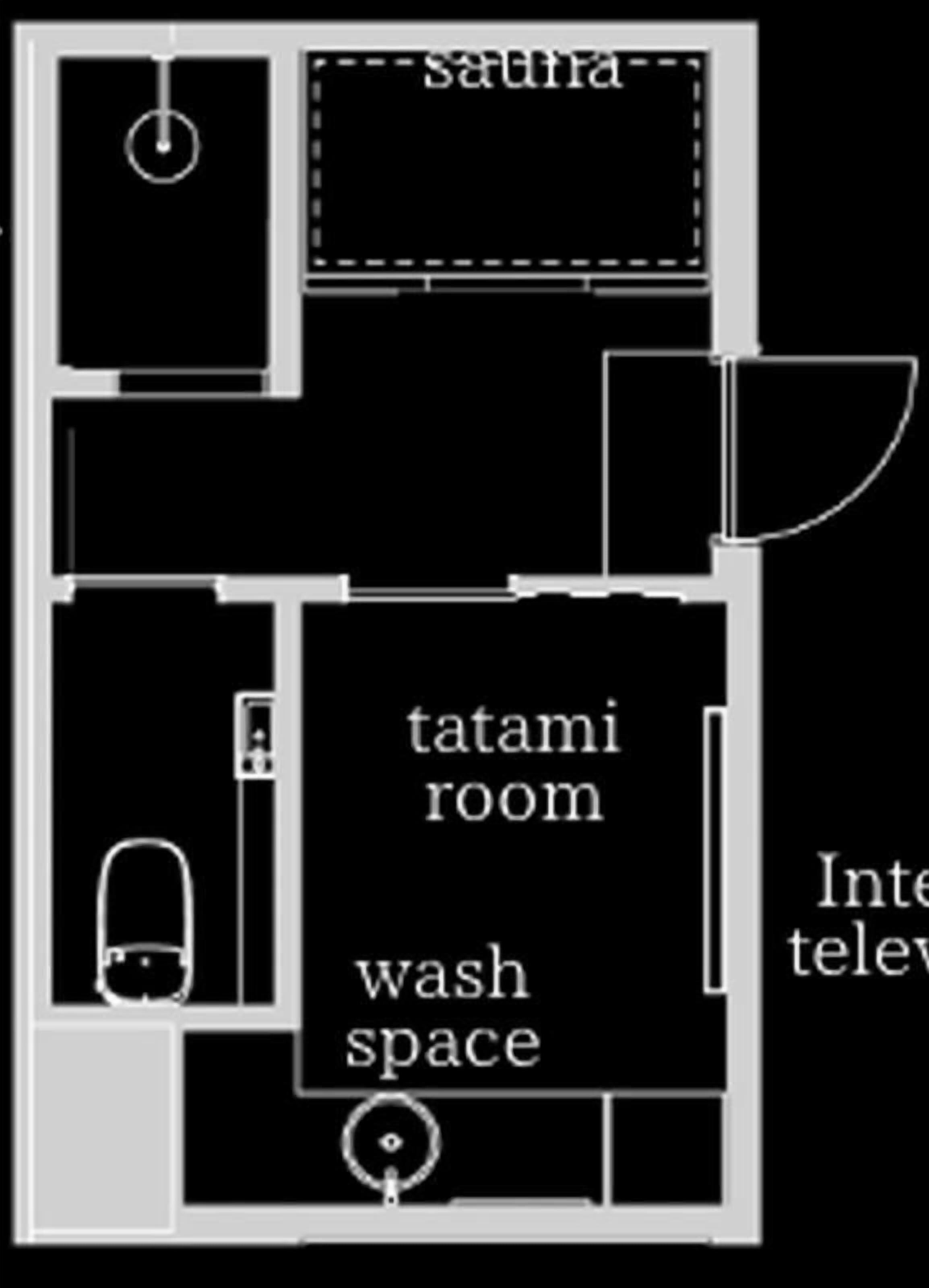 A floor plan with a tatami room, wash space, and a sauna.