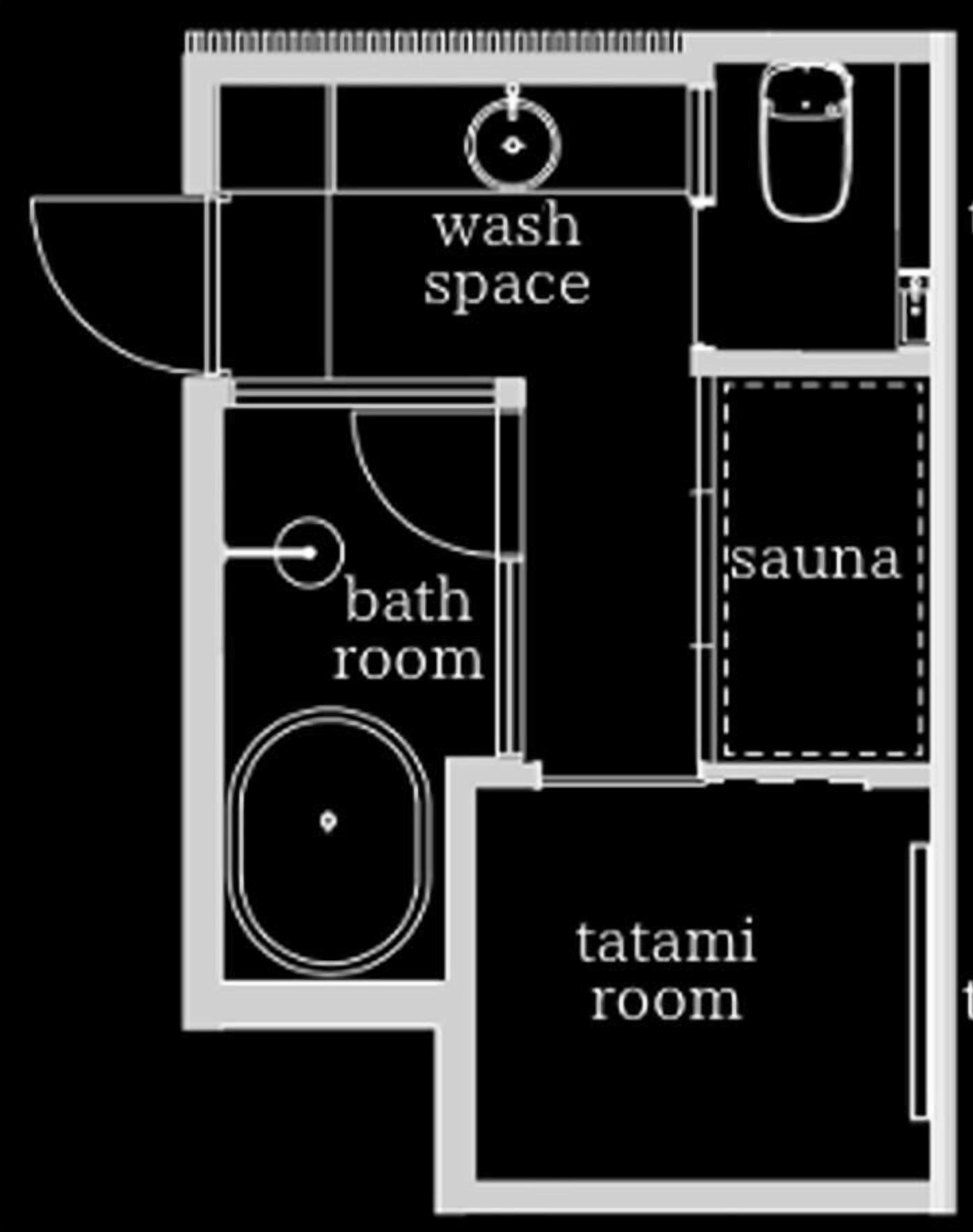 A floor plan with a wash space, bath room, sauna, and tatami room.