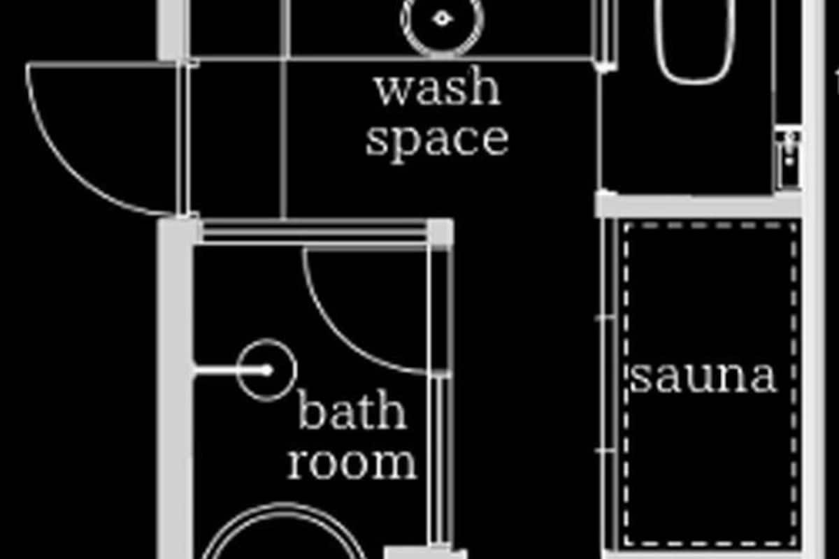Plano de distribución con aseo, baño, sauna y sala de tatami.