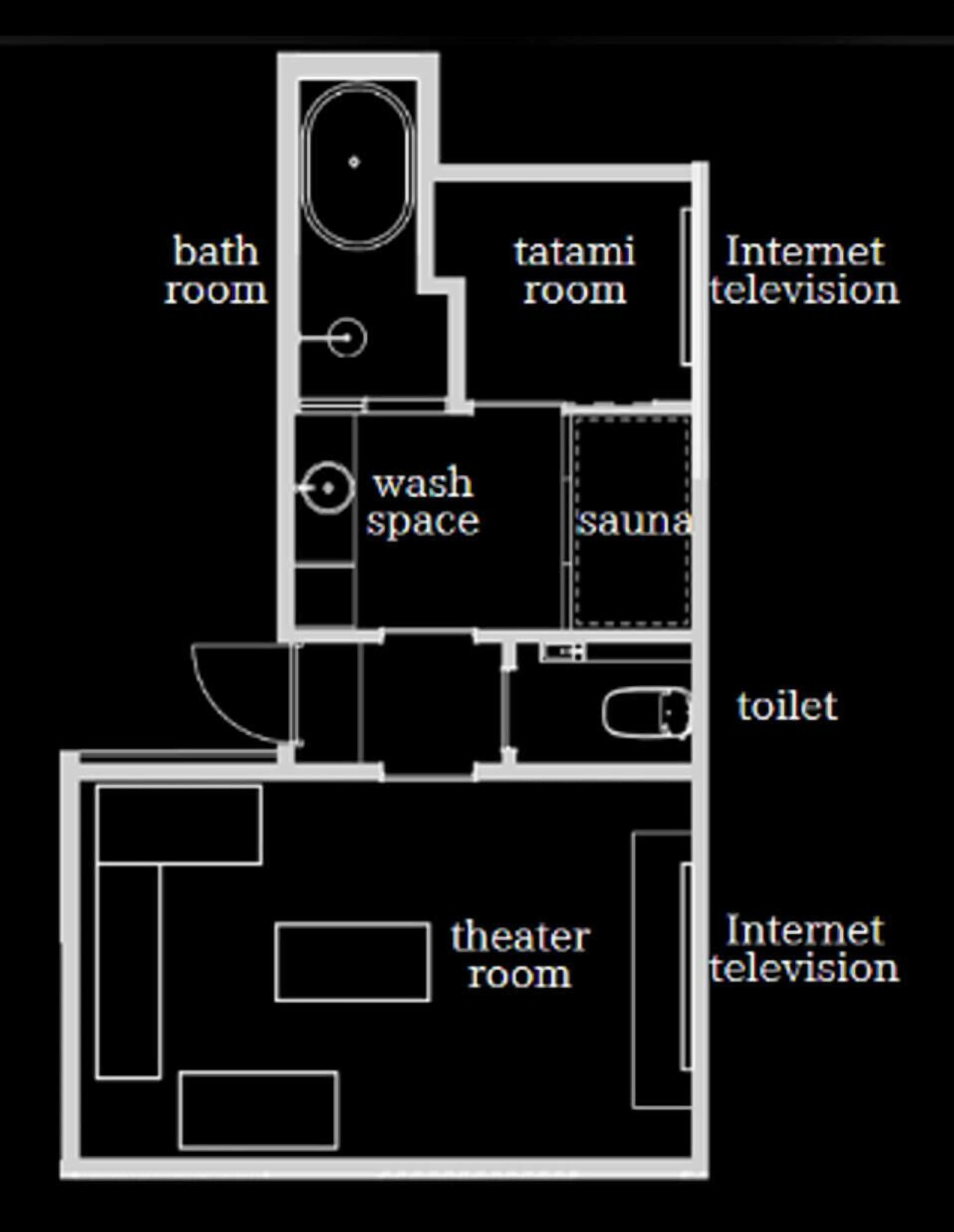 Distribución de un hotel con baño, habitación de tatami, televisión con internet, zona de lavado, sauna, inodoro, sala de cine y otra televisión con internet.