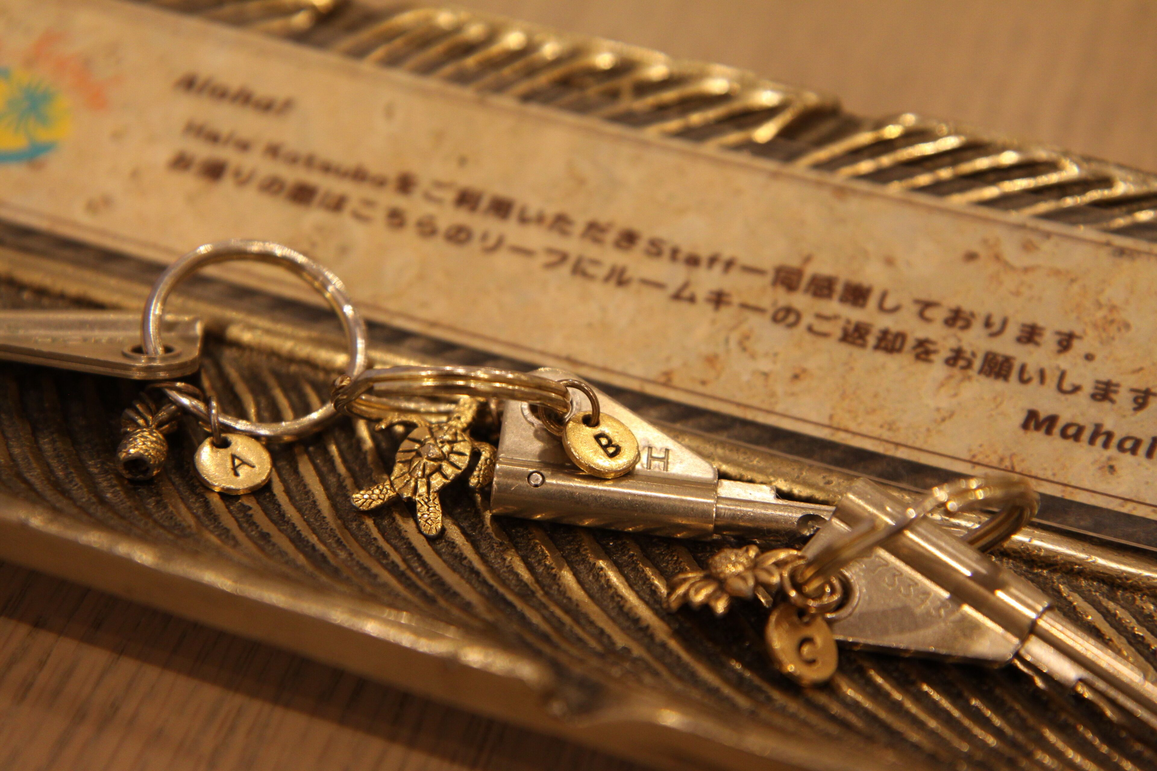 A set of keys with various keychains and a metal plate with Japanese text.
