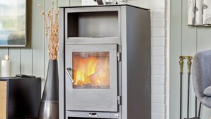 Una chimenea moderna con puerta de cristal, un mueble metálico y un florero con plantas secas a su lado.