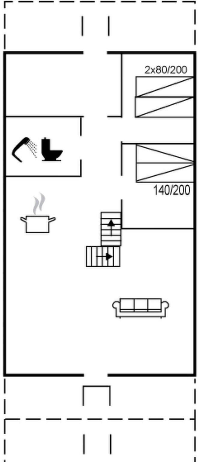 Un plan d’étage comprenant une cuisine, une salle de bain, un escalier et un coin salon.