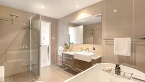 Shower, hair dryer, towels, toilet paper