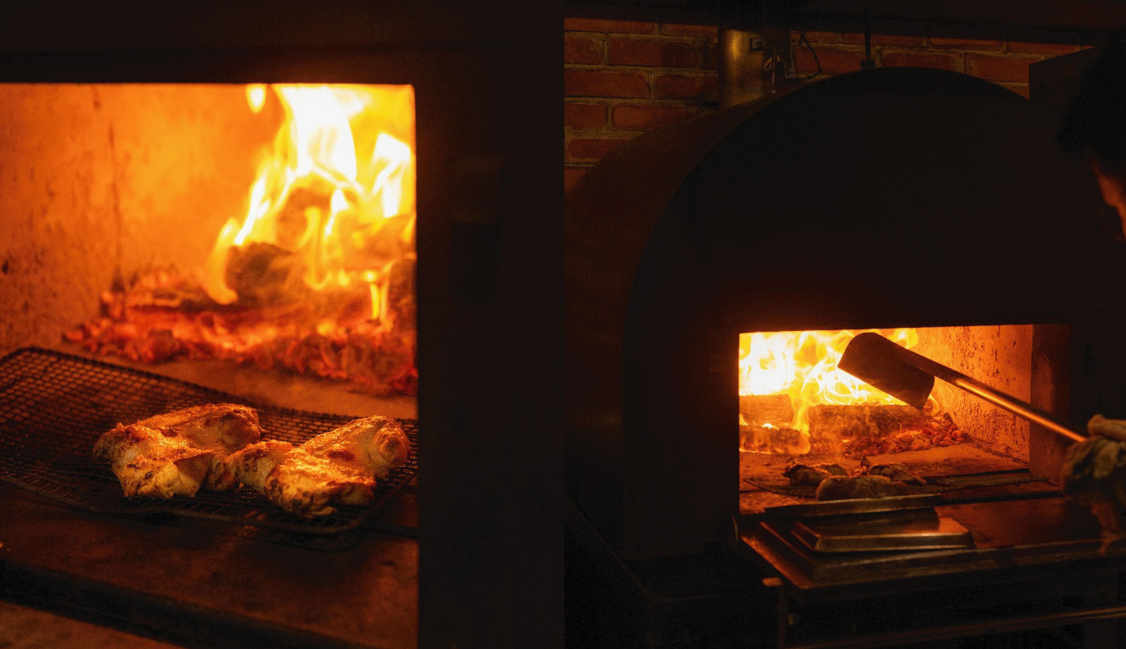 Horno de ladrillo para pizzas con fuego encendido en su interior.
