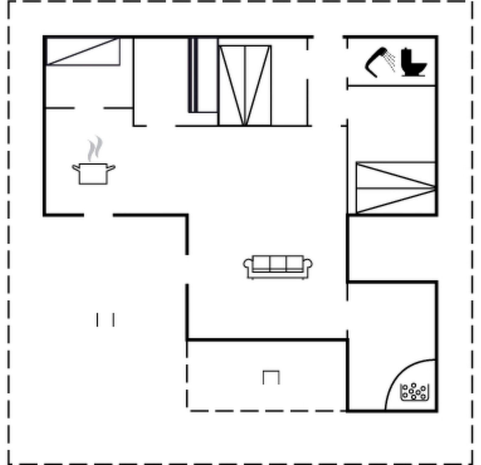 Ein Grundriss mit einer Küche, einer Essecke, einem Wohnzimmer und einem Badezimmer.