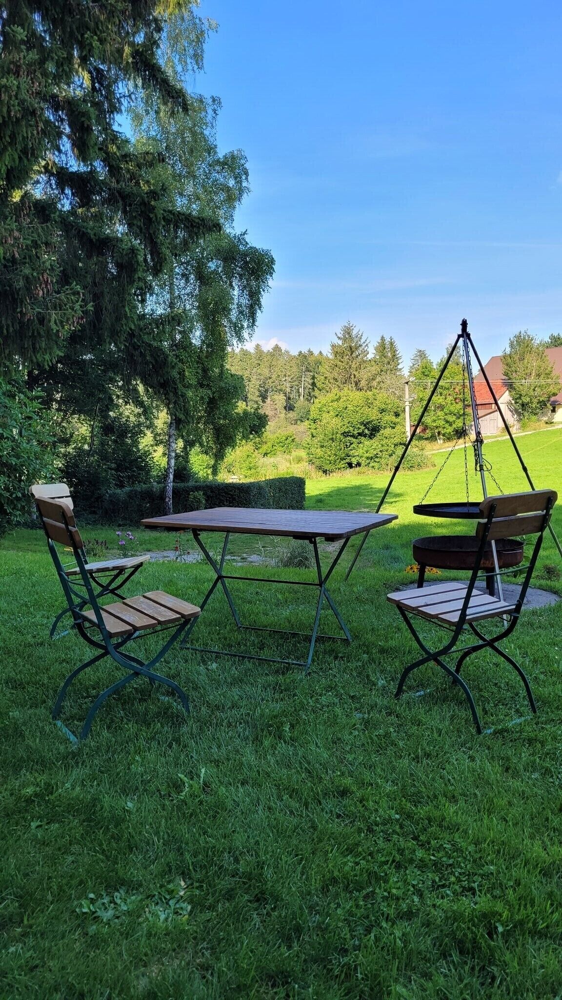 Eine Terrasse mit Tisch und Stühlen, umgeben von Rasen und Bäumen.