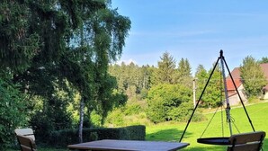A patio with a table and chairs, surrounded by grass and trees.