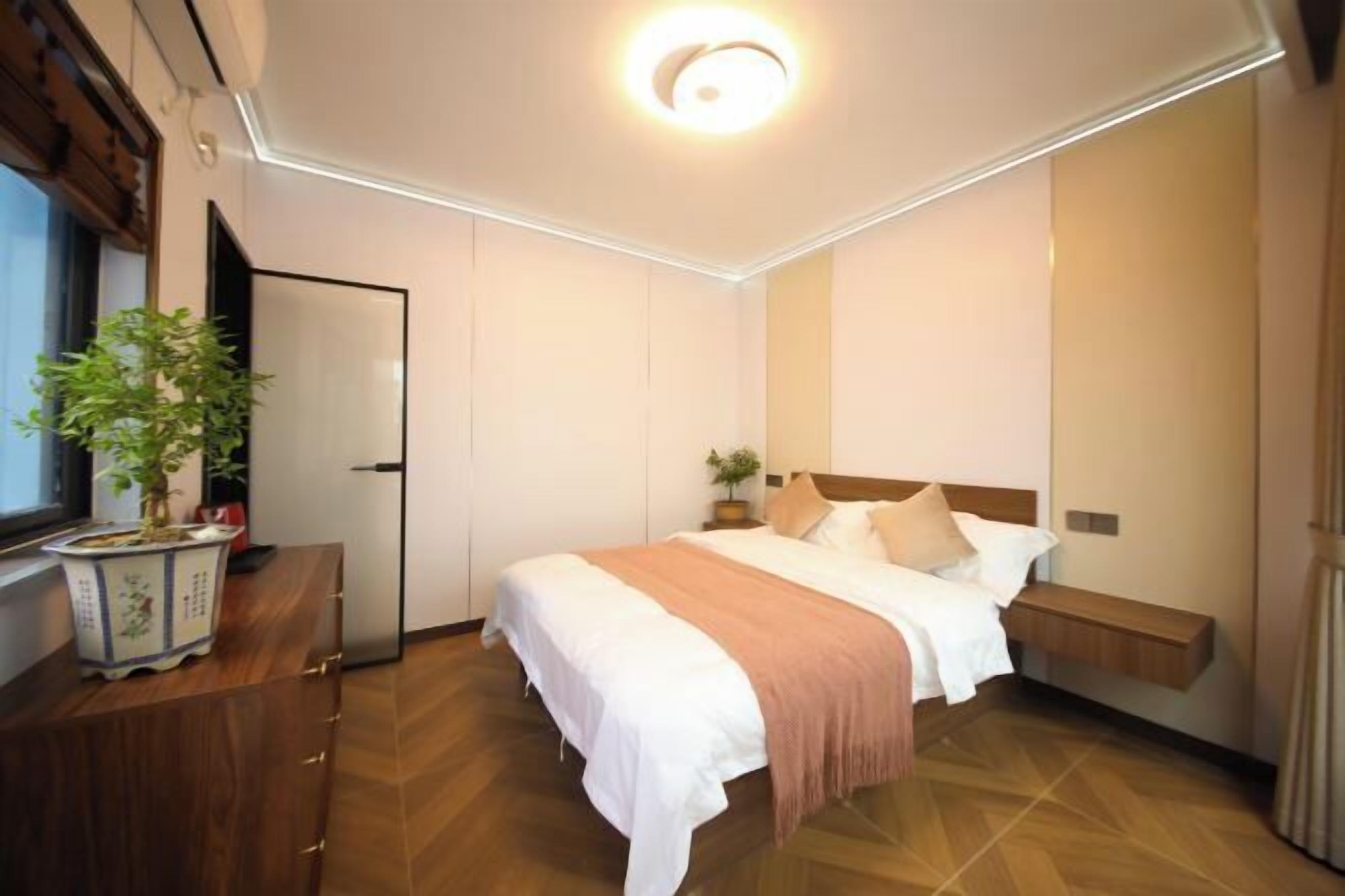 A hotel room with a bed, bedside table, potted plant, and a window.