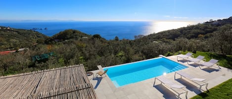 A swimming pool with lounge chairs, a wooden deck, and a view of the sea.