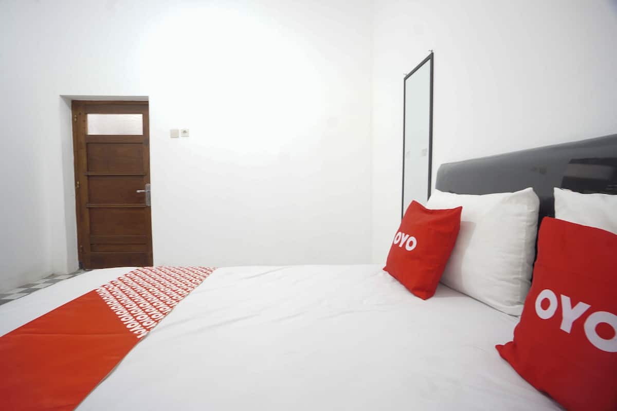 Een slaapkamer met een bed, een houten deur en een spiegel aan de muur.