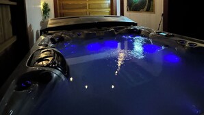 A hot tub with blue lighting, a wooden door, and a wall-mounted aquarium. - Hot tub, Sauna, adult game room, pool table, house has lots of stairs! (Reno)