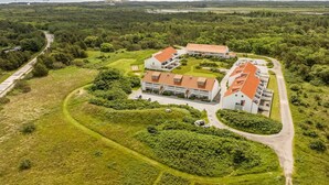 An aerial view of a hotel with multiple buildings, surrounded by greenery and a coastal view.