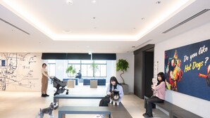 A modern lobby with a map on the wall, seating areas, and a large poster. - hotel anddoggy Kyoto Nijo (Kyoto)