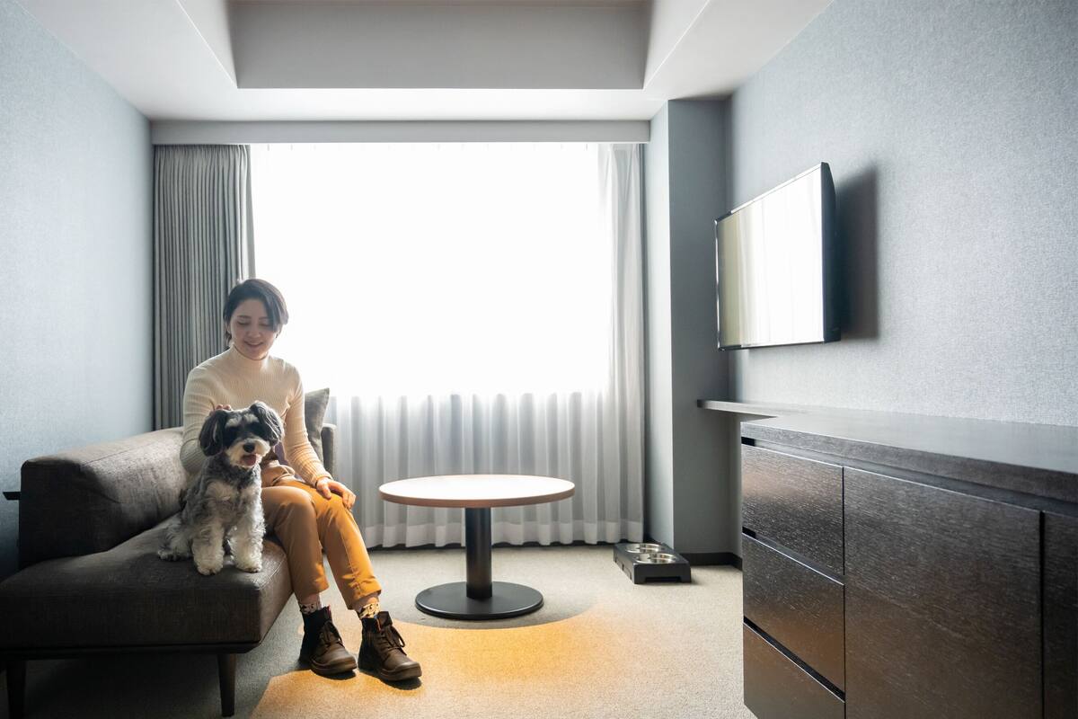 Ein modernes Hotelzimmer mit einer Couch, einem kleinen runden Tisch, einem an der Wand befestigten Fernseher und einem großen Fenster mit Vorhängen.