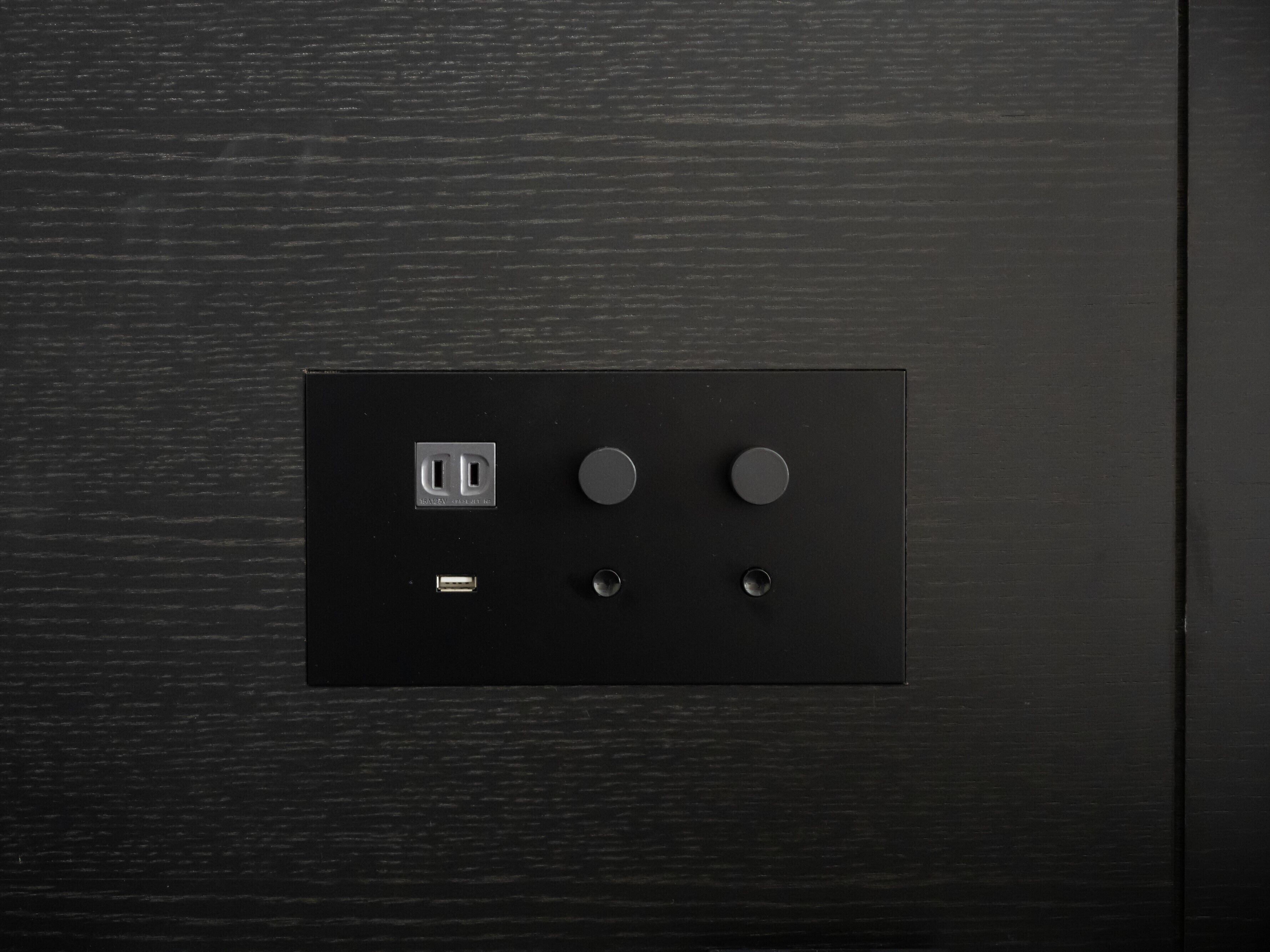 Panell elèctric negre amb un port USB, tres interruptors i una presa de corrent.