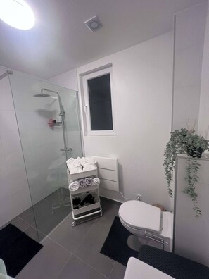 Shower, jetted bath, hair dryer