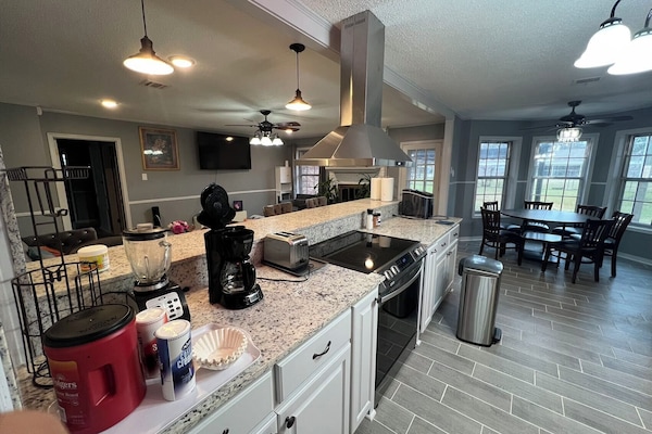 Fridge, microwave, toaster, cookware/dishes/utensils