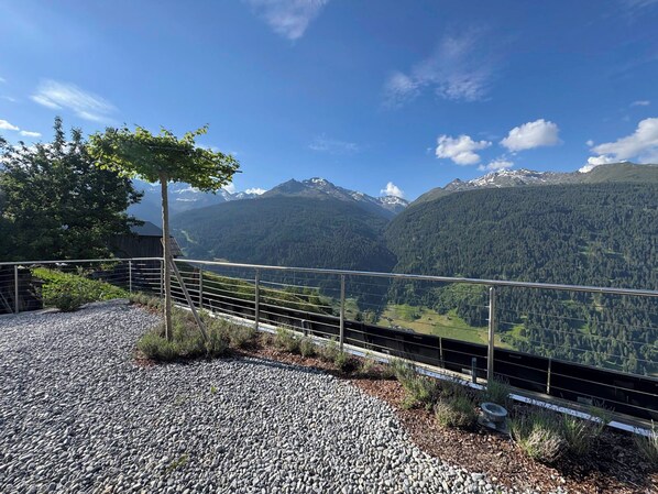 A gravel path, metal railing, and a view of a mountain range with a tree and a barn in the foreground.